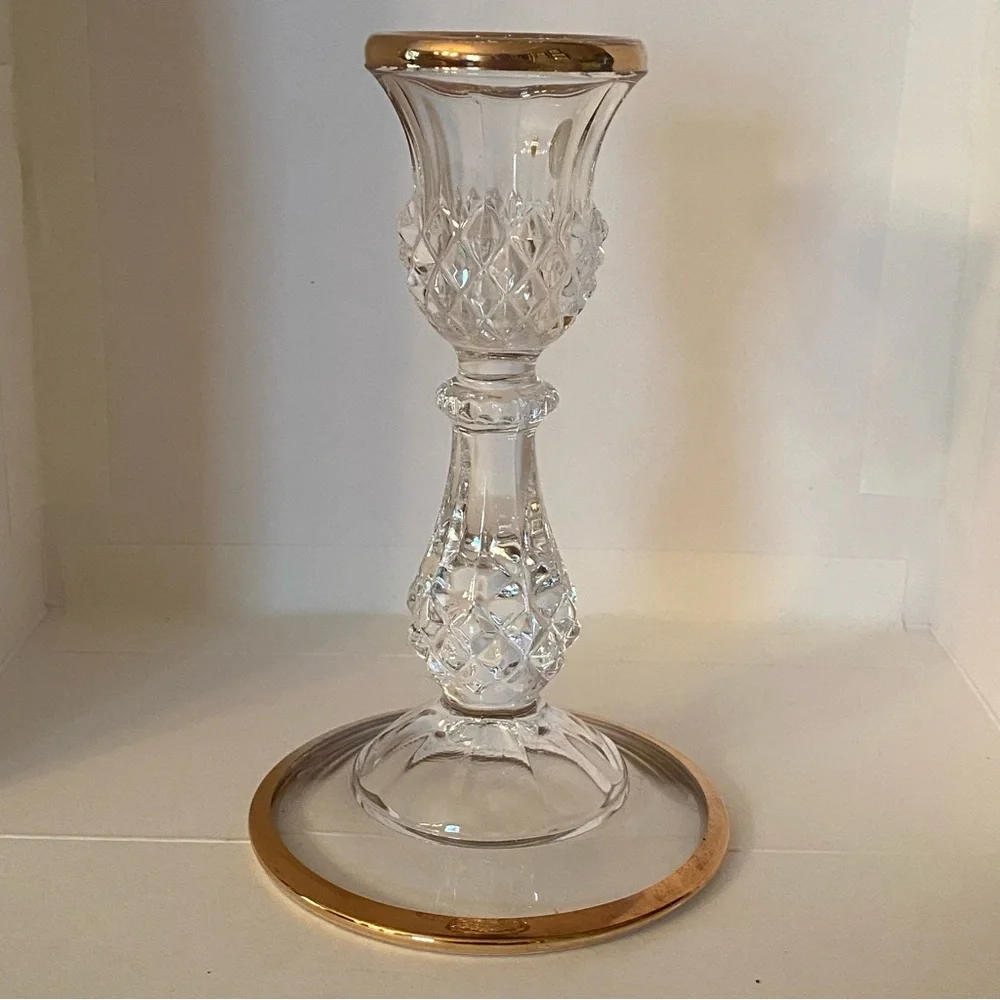Cristal D’Arque France Cut Crystal Candle Holder W/ Gold Trim 6.5” Elegant EUC